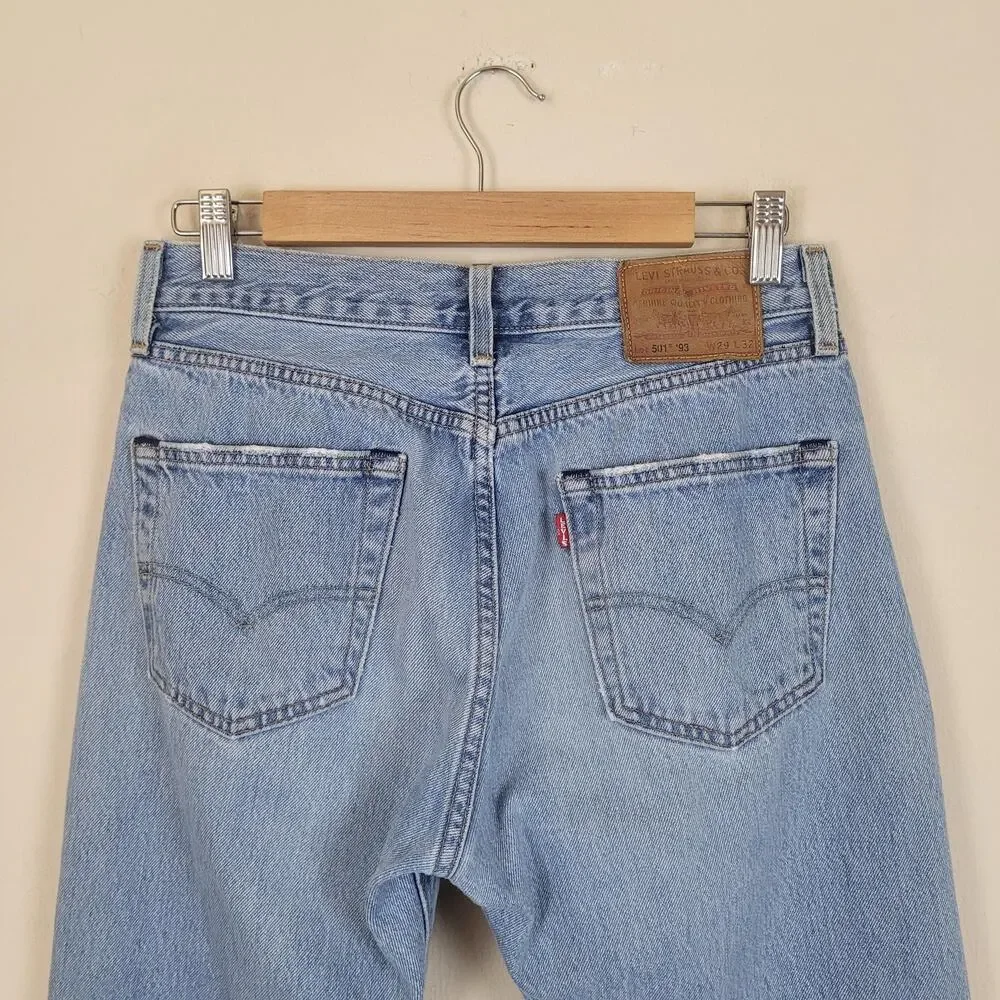 Levis 501 93 Jeans Men 29 Light Wash Blue Denim Distressed Straight Crop Raw Hem